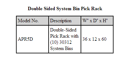 Double Sided System Bin Pick Rack specs