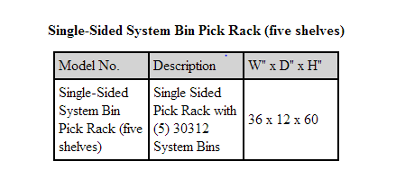 Single Sided System Bin Pick Rack specs2