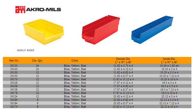 shelf bins specs